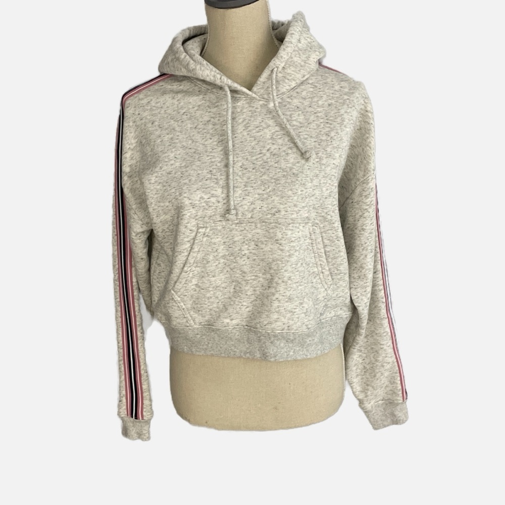 TNA Heather Gray Cropped Hoodie with Pink & Black Stripe Sleeves